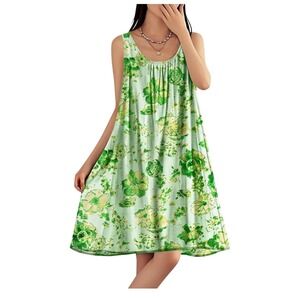 Fairy Women Floral Print Sleeveless Swing Dress Light Green Size S